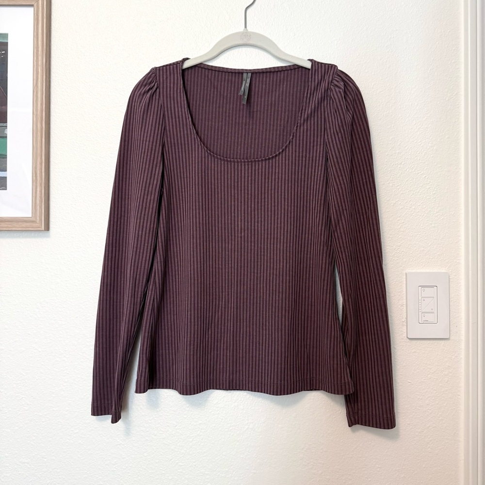Anthropologie Dark Purple Ribbed Scoop Neck Long Sleeve Top (Size S)